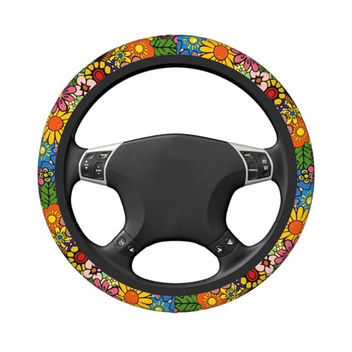 Hippie Flower Neoprene Steering Wheel Cover for Men Women Anti-Slip Elastic Steering Wheel Protective Cover 15in Universal Car Accessories Fit Cars, SUVs, Auto - color: Hippie Flower