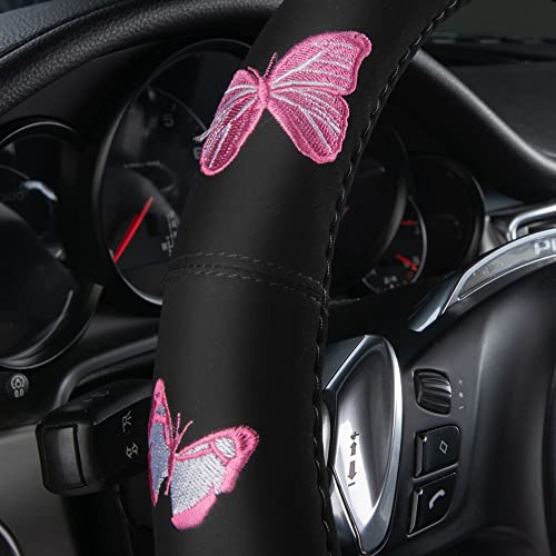 Car Pass Pink Embroidery Butterfly Steering Wheel Cover, Universal 15 Inch Car Wheel Cover for Women Girls, Fit for Suvs,Small Trucks,Sedans,Cars (Black and Pink) - color: Black and Pink