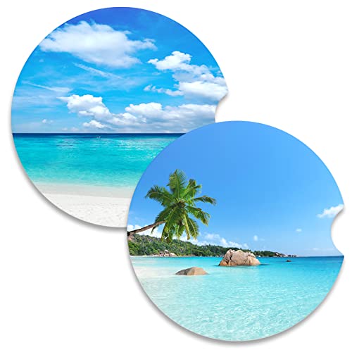 Car Coasters for Cup Holders, 2 Pack Absorbent Ceramic Car Cup Holder Coaster for Drinks, Cute Auto Assecories for Women Men, Size 2.56 in with Finger Notch & Cork Base, Beach Style - color: Beach