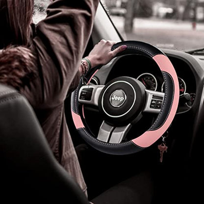 Leather Car Steering Wheel Cover, Non-Slip Car Wheel Cover Protector Breathable Microfiber Leather Universal Fit for Most Cars(Pink) - color: Pink