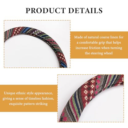 Boho Steering Wheel Cover, 15 Inch Coarse Flax Cloth Ethnic Style Anti-Slip Car Wheel Wrap, Universal Breathable Bohemian Steering Wheel Protector for Cars Vans Trucks (F) - color: F