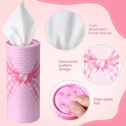 Outus 12 Pcs Bow Car Tissues Cylinder Holder with 3 Ply Facial Tissue Bulk Pink Bow Ribbon Round Tissue Holder Travel Tissues Boxes Container for Car Cup Wedding Birthday Party - style: Bow