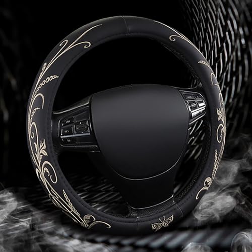 Car Leather Steering Wheel Cover - Panapi Material, Universal 14.5-15 Inch Leather Anti-Slip Breathable Auto Steering Wheel Covers for Men Women (Embroidery-Beige) - color: Embroidery-Beige
