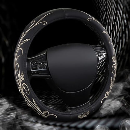 Car Leather Steering Wheel Cover - Panapi Material, Universal 14.5-15 Inch Leather Anti-Slip Breathable Auto Steering Wheel Covers for Men Women (Embroidery-Beige) - color: Embroidery-Beige