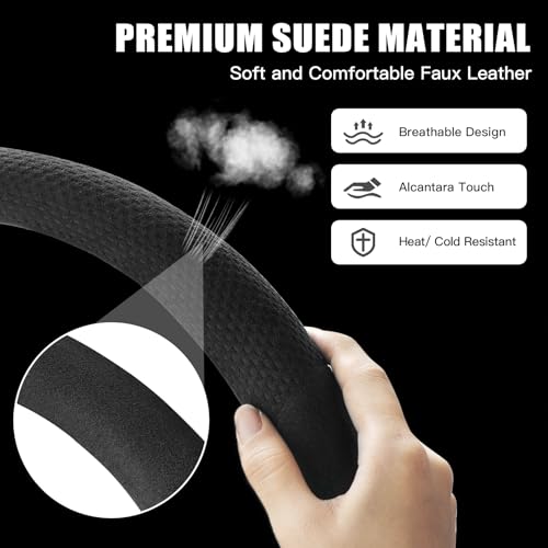 Suede Steering Wheel Cover with Upgraded Silicone Inner Ring, Breathable, Anti-Slip, Leather Universal 14.5 to 15 Inch Steering Wheel Cover (Black with Embossing Pattern) - style: Black with Embossing Pattern
