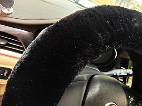 Winter Warm Fluffy Furry Fuzzy Car Steering Wheel Cover,Universal Fit Thickening Faux Rabbit Fur Plush Steering Covers+Gear Shift Cover and+Brake cover-3pcs Set (Black)