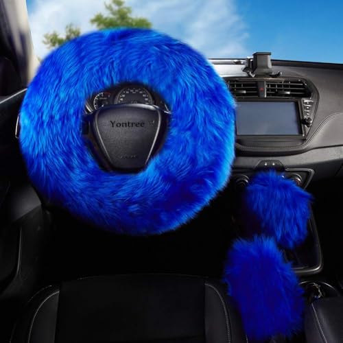 Yontree Fashion Fluffy Steering Wheel Covers for Women/Girls/Ladies Australia Pure Wool 15 Inch 1 Set 3 Pcs (Blue) - color: Blue, size: Long Wool