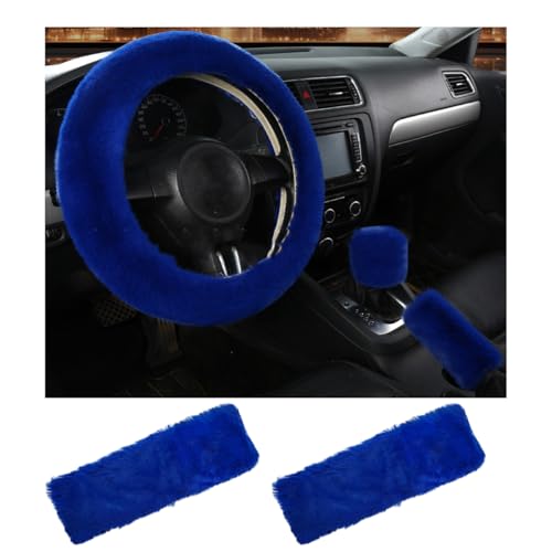 5 PCS Fluffy Steering Wheel Covers Set, Faux Wool Steering Wheel Cover & Handbrake Cover & Gear Shift Cover & 2 Seat Belt Shoulder Pads, Universal Car Accessories (Dark Blue) - color: Dark Blue