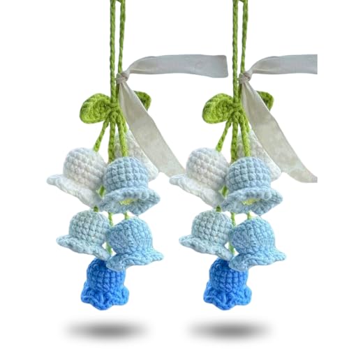 2Pcs Car Decorations Car Hanging Ornaments, Crochet Flowers Bag Charms Decor Cars Rear View Mirror Accessories Hand Knitted Crochet Flower Decor, for Room Backpack Keychain Decoration Pendant (Blue) - color: Blue