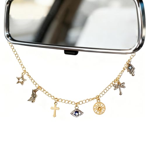 Rearview Mirror Charm for Car Gold Car Mirror Hanging Accessories with Cross and Evil Eye, Christian Cars Accessories for Women, Cross Auto Charm Faith Decor, Religion Gifts for Drivers - color: Evil Eye