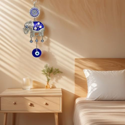 Turkish Blue Evil Eye Lucky Elephant Amulet – Hanging Ornament for Home Office Car Decor -CL16