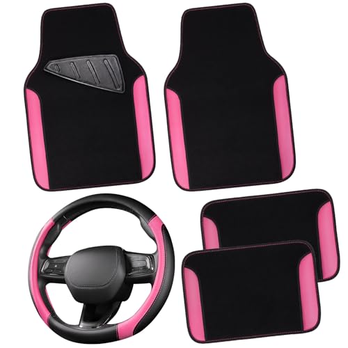 CAR PASS Faux Leather Steering Wheel Cover and Waterproof Car Floor Mats,Universal Car Combo Fit for 95% Sedan,SUV,Cars,14.5-15inch Sporty Anti-Slip Safety Comfortable Design(Black＆Pink) - color: Pink
