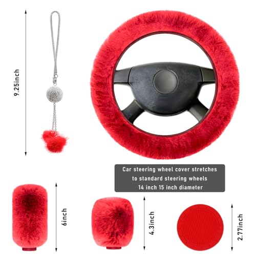 6 PCS Fluffy Steering Wheel Covers Set, 15 Inch Soft Steering Wheel Cover, Handbrake Cover & Gear Shift Cover & Cup Holder Coaster & Car Mirror Accessory, Car Accessories (Red) - color: Red