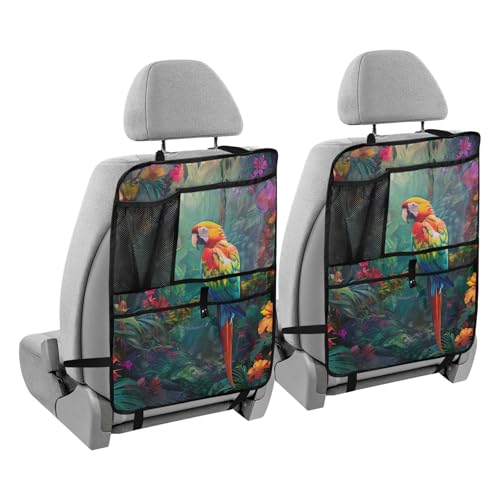 JIPONI Car Backseat Organizer, Parrot Macaw Tropical Automotive Back Seat Protector, Kick Mats with Storage Pockets for Kids Pets, Road Trip Accessories (2 Pack) - color: Parrot Macaw, size: 2 Pack