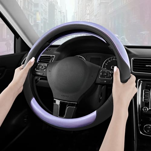 Road Comforts Steering Wheel Cover – Breathable Leather Steering Wheel Cover, Anti-Slip Grip, Universal Fit 14.5” to 15”, Heat & Cold Resistant for Cars, SUVs, and Trucks – Black & Shining Purple - color: Black&Purple