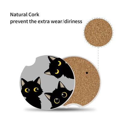 Cute Black Cats Ceramic Cup Holders Car Coasters Set for Women/Men,Drink Cup Car Holder Coasters with A Finger Notch 2.56" Pack of 2. - color: 3 Black Cats