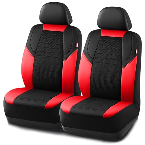 Rubbermaid Car Seat Cover, Leather & Air-Cool Mesh Front Seat Cover, Airbag Compatible, Slip-On Installation, Automotive Seat Cover Universal Fit for Most Cars, Trucks, SUVs-Red