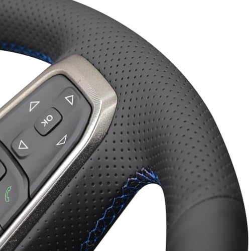 MEWANT Custom DIY Black Artificial Leather Steering Wheel Cover for Dodge Ram 1500 Laramie Big Horn 2019-2021 - color: Black Artificial Leather&Blue Laser Stripe