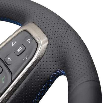 MEWANT Custom DIY Black Artificial Leather Steering Wheel Cover for Dodge Ram 1500 Laramie Big Horn 2019-2021 - color: Black Artificial Leather&Blue Laser Stripe