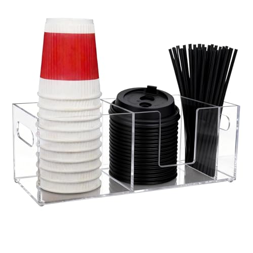 Acrylic Coffee Cup Holder for Countertop Coffee Station Accessories & Organizer 3 Slots Clear Coffee Bar Organizer for Cup Lid Straw