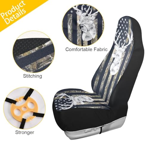 Camo Deer Car Seat Covers Set of 2,USA Camo Buck Deer Hunting American Flag Universal Auto Front Seat Protector Vehicle Seat Cushion Cover for Men Vintage Car Accessories Fit for Car Truck - color: Black Beige