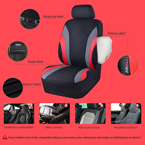 CAR PASS Line Rider Sporty Car Seat Covers Full Set with 4Pcs Waterproof Car Floor Mats Universal Fit Airbag Compatible Automotive Interior Covers for Sedans, Trucks,Vans,SUV (Combo Set, Black & Red)
