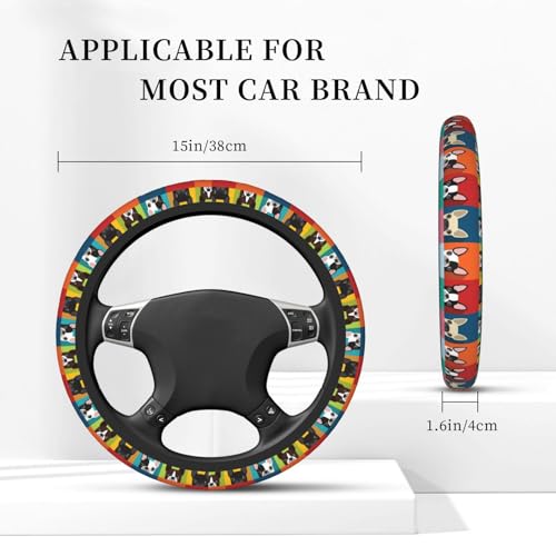 Cartoon Boston Terriers Bulldog Elastic Steering Wheel Cover Non-Slip Breathable Steering Wheel Protector Fit Auto, SUVs, Truck - color: Cartoon Boston Terriers Bulldog