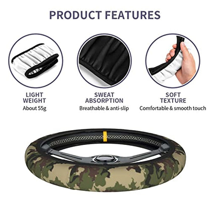 Green Camo Camouflage Steering Wheel Cover for Women Men with 2 Pcs Car Coasters, Universal 14.5-15 Inch Rainbow Steering Wheel Covers Non-Slip Car Accessories for Girls - color: Camo