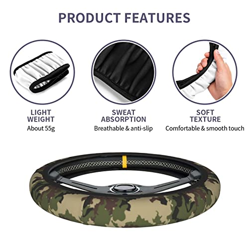 Green Camo Camouflage Steering Wheel Cover for Women Men with 2 Pcs Car Coasters, Universal 14.5-15 Inch Rainbow Steering Wheel Covers Non-Slip Car Accessories for Girls - color: Camo