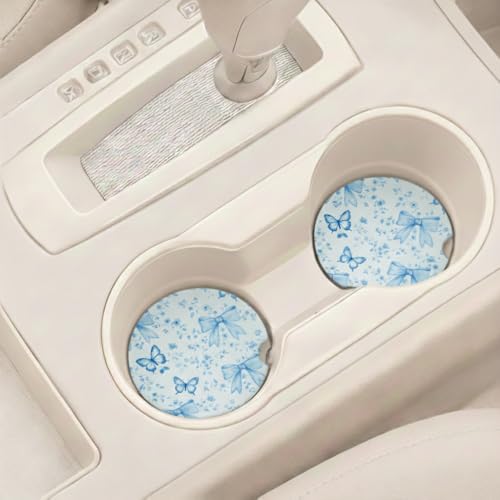 Ceramic Car Coasters, 2 Pack, 2.64" Absorbent Car Cup Holder Coasters, Cute Ceramic Car Coasters for Women, Blue Butterfly & Bow Pattern - color: Blue Butterfly Bow