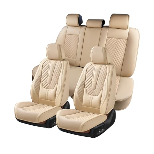 Coverado Car Seat Covers Full Set, Faux Leather Seat Covers for Car, Luxury Automotive Seat Covers Waterproof Car Seat Protector Universal Fit for Most Cars SUV Truck with Lumbar Support(Beige) - color: Beige, size: Fullset