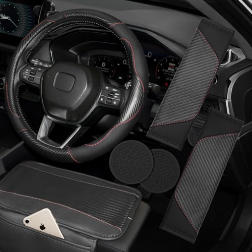 6PCS Black Car Accessories Set, Carbon Fiber Microfiber Leather Steering Wheel Cover 14.5-15", Center Console Armrest Cover, Seat Belt Pads & Cup Holder Coasters, Universal Interior Decor - color: Black