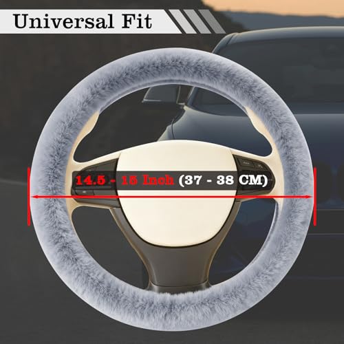 Furry Warm Steering Wheel Cover, Universal 14.5-15 Inch Winter Plush Warm Steering Wheel Cover, Soft Fluffy, Anti-Slip Design, Soft Texture (Gray) - color: Gray Plush