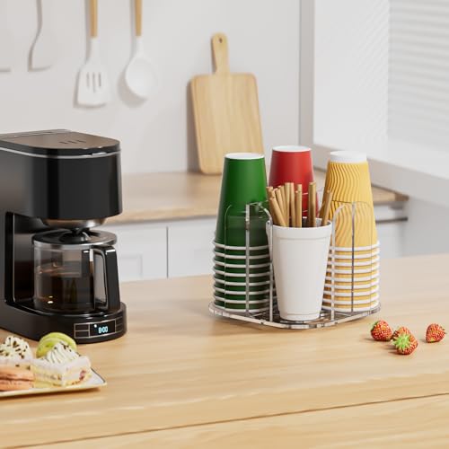 4-Compartment Countertop Cup Dispenser - Clear Acrylic Cup and Lid Carousel Coffee Bar Accessories Rotating Beverage Cup Holder Disposable Paper Cup Organizer for Restaurant Kitchen Breakroom - color: Clear