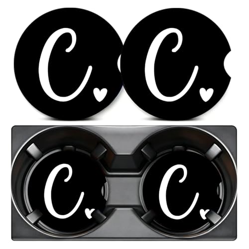 2PCS Letter C Car Cup Holder Coasters,Simple Initial Car Coasters Cars Accessories Interior Decor Universal Neoprene 2.75" Anti-Slip Rubber Mat with Finger Slot,Monogram Gifts for Women, Men, Driver - color: Initial C