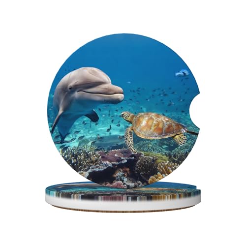 Dolphin Turtle Reef Ocean Car Cup Holder Coasters 2 Pack Universal 2.63 Inch Anti Slip Ceramic Absorbent Coaster with Cork Base and Finger Notch Cute Car Accessories Interior for Women - color: Blue