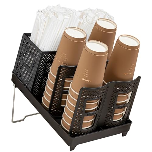 Cup and Lid Holder, Disposable Paper Cup Dispenser with Stand, 6 Slots Coffee Cup and Lid Storage Holder with Straw Organizer for Coffee Station Bar Office Home Countertop Breakroom Restaurant