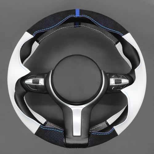 MEWANT Hand-Stitched Steering Wheel Cover for BMW (M Sport) F22 F23 F30 F34 F32 F33 F36 F10 F07 F12 F13 F06 F39 F25 F26 F15 F16, DIY Custom Fit Steering Wheel Wrap for BMW - color: 13:IT-ALCAN with blue layer & white leather