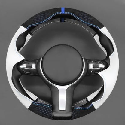 MEWANT Hand-Stitched Steering Wheel Cover for BMW (M Sport) F22 F23 F30 F34 F32 F33 F36 F10 F07 F12 F13 F06 F39 F25 F26 F15 F16, DIY Custom Fit Steering Wheel Wrap for BMW - color: 13:IT-ALCAN with blue layer & white leather