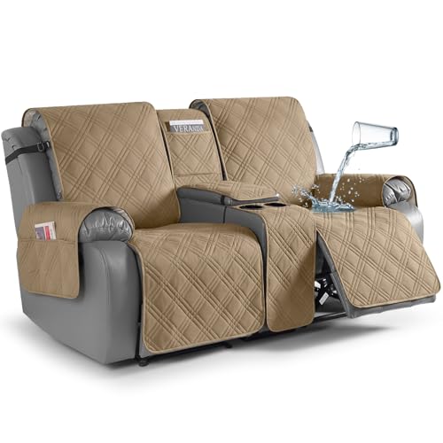 TAOCOCO Loveseat Recliner Cover with Center Console, 100% Waterproof Pet Cover for Dual Recliner with Straps Design, Split Reclining Loveseat Covers Furniture Pet&Kids Protector (2 Seater, Camel) - color: Camel, size: 2 Seater