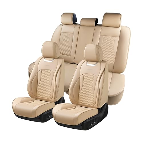 Coverado Car Seat Covers Full Set, Nappa Leather Seat Covers for Cars, Waterproof Automotive Car Seat Covers Interior Accessories Universal Fit Most Sedans, SUVs, Pick-up Trucks(Beige) - color: Beige, size: FullSet