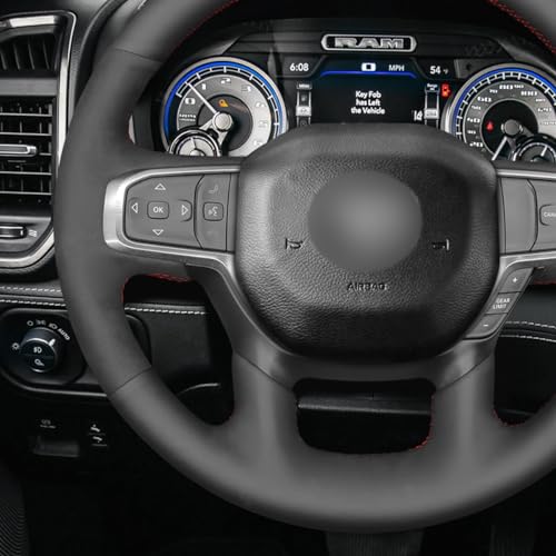 MEWANT DIY Hand Stitch Black Suede Genuine Leather Steering Wheel Cover for Dodge Ram Laramie Big Horn 1500 2019-2021 - color: Black Suede&Genuine Leather&Red Stripe&Red Thread
