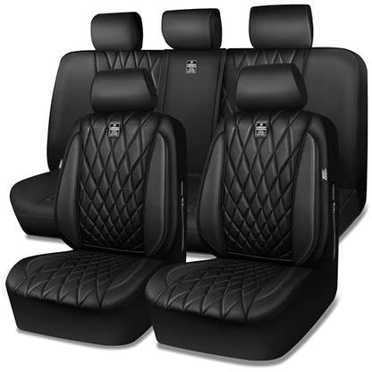CAR PASS 5 Seats Piping Luxury Faux Leather Seat Covers Full Set, Anti-Slip Waterproof Seat Covers Compatible with Front Armrests, Universal Fit for Suvs,Vans,Trucks,Airbag Compatible, Pure Black - color: Black with Black, size: Full Set