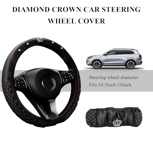 Soft Leather Steering Wheel Cover, 15 Inch Elastic Non-Slip Car Wheel Protector with Crystal Diamond, Universal Sparkling Diamond Crown Accessories for Most Steering Wheels (Black) - color: Black