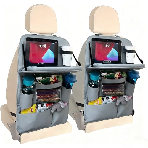 Backseat Car Organizer with Tray, 9 Storage Pockets Back Seat Protector with Foldable Tablet Holder, Waterproof Back of Seat Kick Mats for Kids Adult, Travel Accessories 2 Pack, Gray - color: Gray, size: 2 Pack