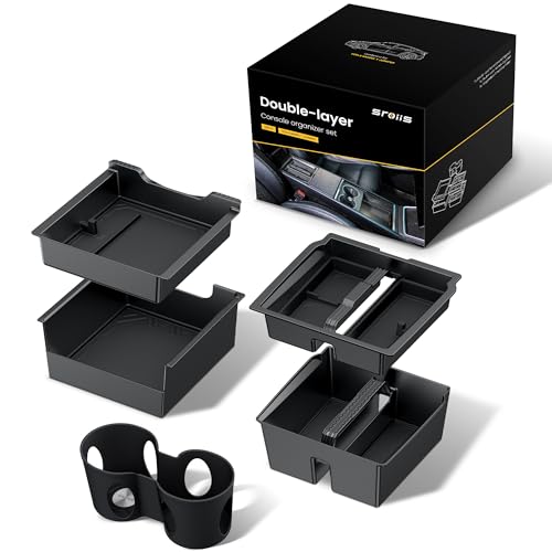 Sroiis® Gen 2 Double-Layer Center Console Organizer Set for Tesla Model Y Juniper Accessories (2025 2026) True 2-Tier Storage System [ Upper Tray + Hidden Lower Compartment ] - 3PCS Jet Black