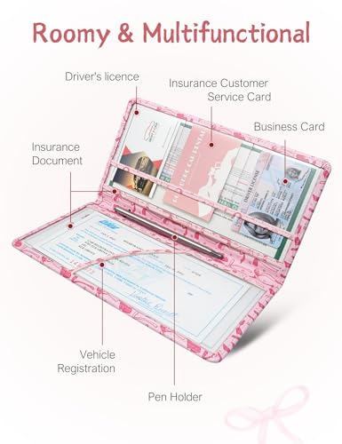Mymazn Car Registration and Insurance Holder, PU Leather Glove Box Car Organizer with Magnetic Closure, Car Document Holder for Driver's License & Essential Documents (Pink) - color: Pink