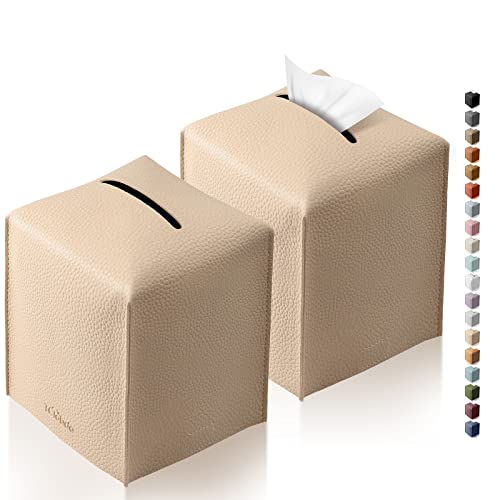 Tissue Box Cover, Tclouda, Modern PU Leather Square Tissue Box Holder for Creative Decorative, 2 Pack, Ideal for Bathrooms/Office/Car/Nightstand/Outdoor Tent/Dining Table, 5"X5"X5", Double Beige - color: Double Beige