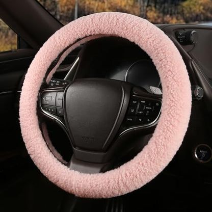 Fuzzy Warm Steering Wheel Cover for Winter, Soft Fleece Steering Wheel Cover for Women Men with Upgraded Silicone Inner Ring and Plush, Anti-Slip, Odorless Car Interior, Universal 14.5-15 Inch (Pink)