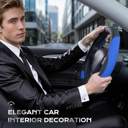 Coverado Car Steering Wheel Cover, Nappa Leather Black & Blue Steering Wheel Covers for Women, Universal 14-15 inch, Anti-Slip, Breathable Steering Wheel Protector - color: B-BlackBlue